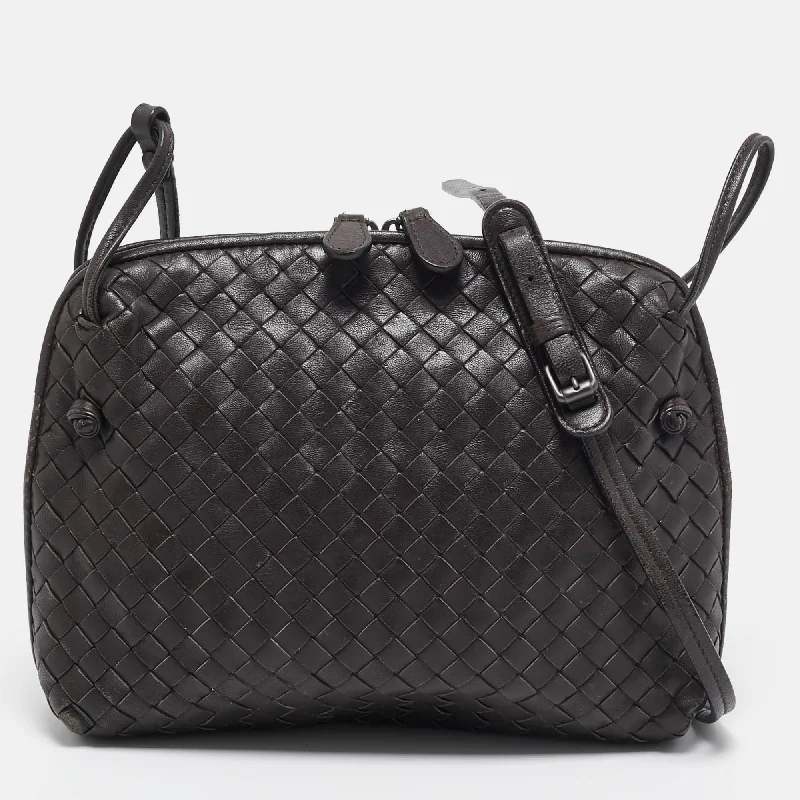 Women's crossbody bag unique pattern -Bottega Veneta Dark Brown Intrecciato Leather Nodini Crossbody Bag