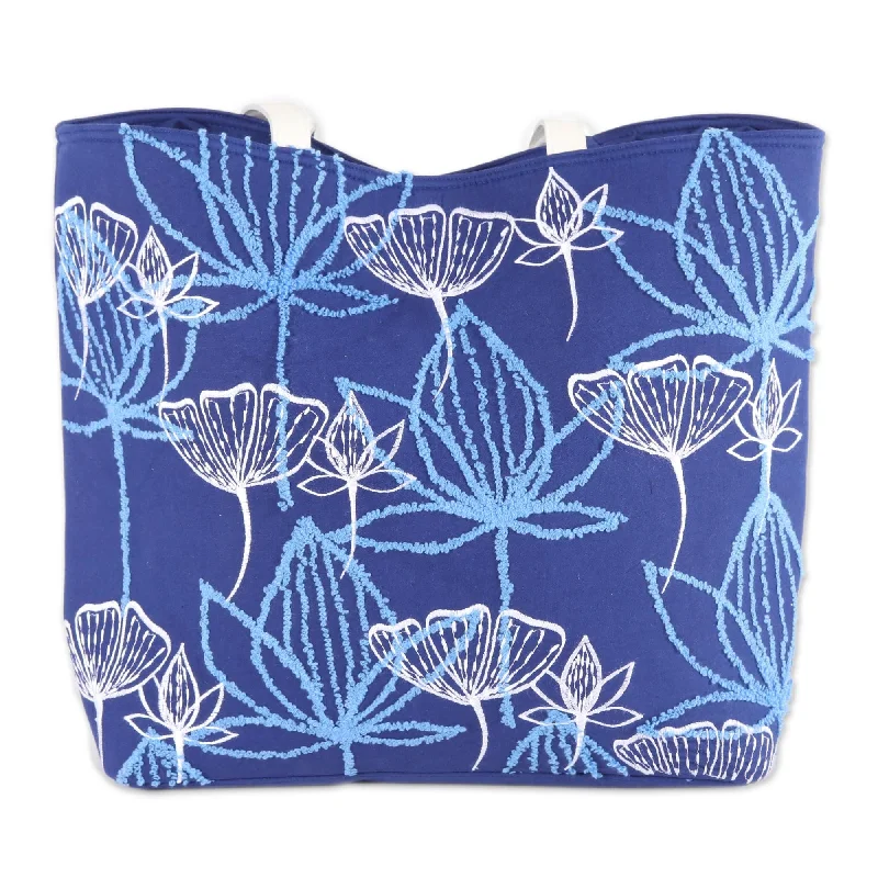 Women's tote bags recycled -Embroidered Floral Cotton Tote in Lapis - Lapis Garden