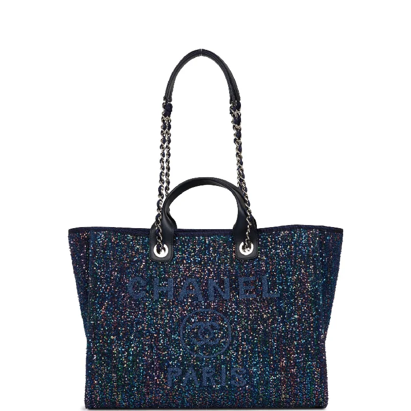 Women's tote bags trendy-fashion -Chanel Large Deauville Shopping Tote Blue Sequin Boucle Silver Hardware