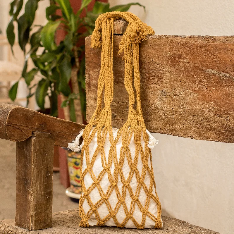 Women's tote bags vegan -Cotton Macrame Tote Bag in Ivory and Honey from El Salvador - Happy Day