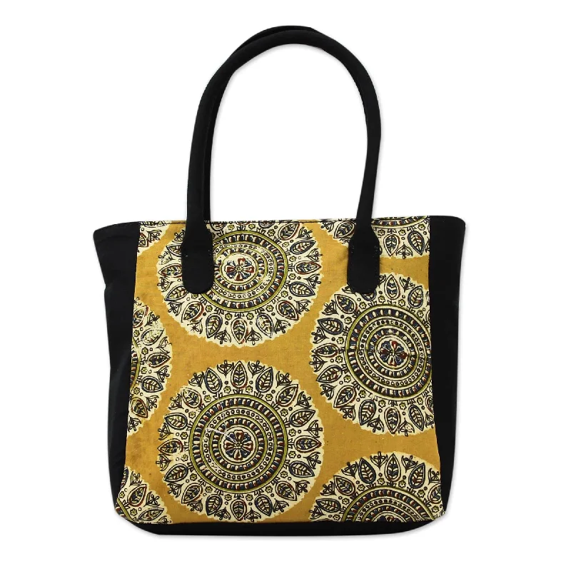 Women's tote bags mini -Floral Mandalas Block Print Cotton Tote Bag - Blossoming Mandalas