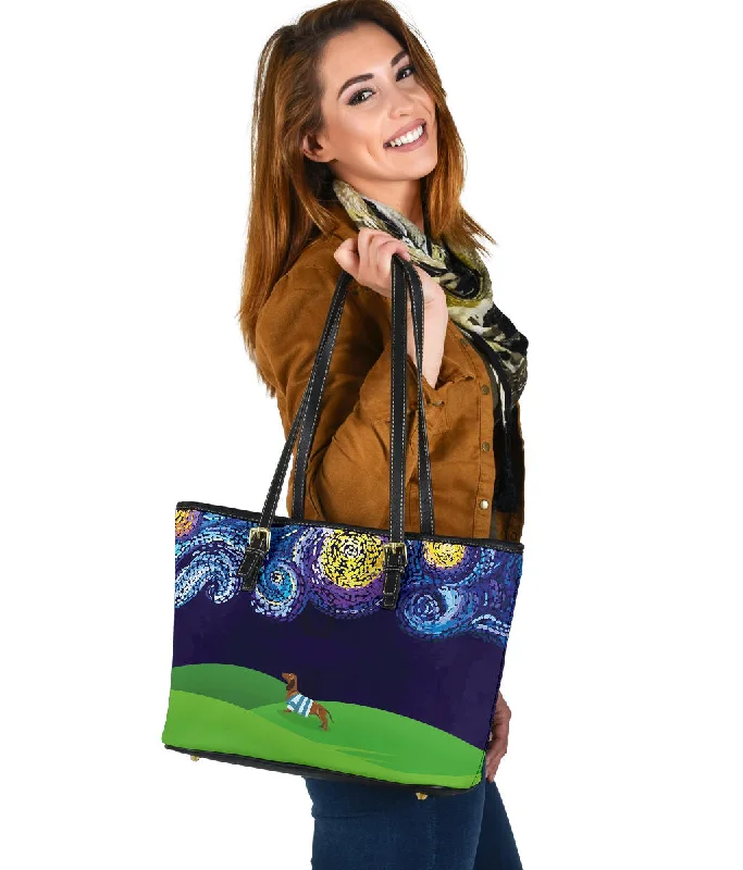 Women's tote bags stylish -Starry Night Dachshund Tote Bag