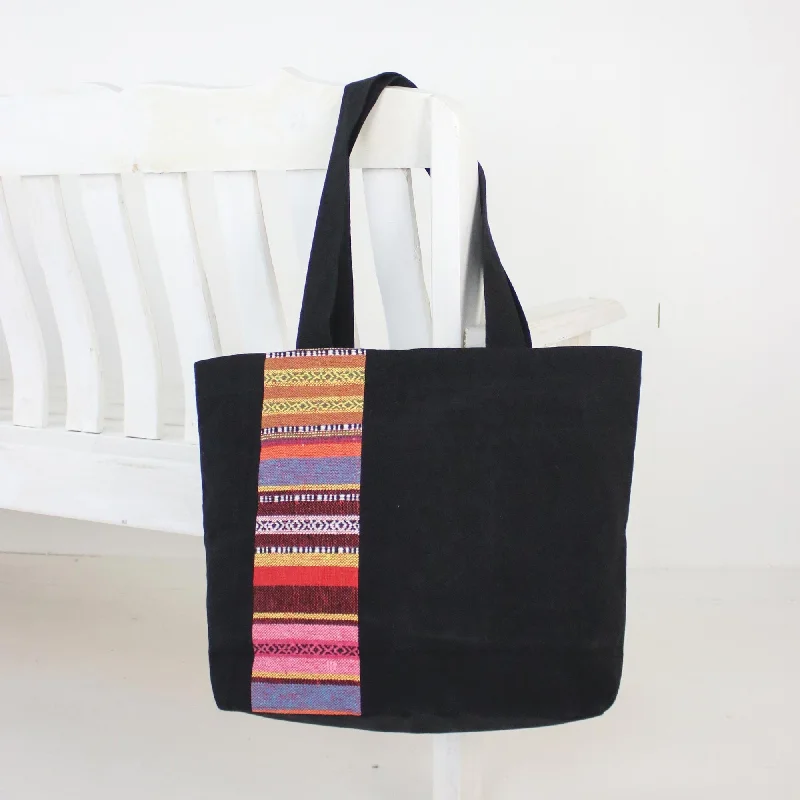 Women's tote bags soft -Black Cotton Tote Bag with Stripe Design from Thailand - Spring in Thailand