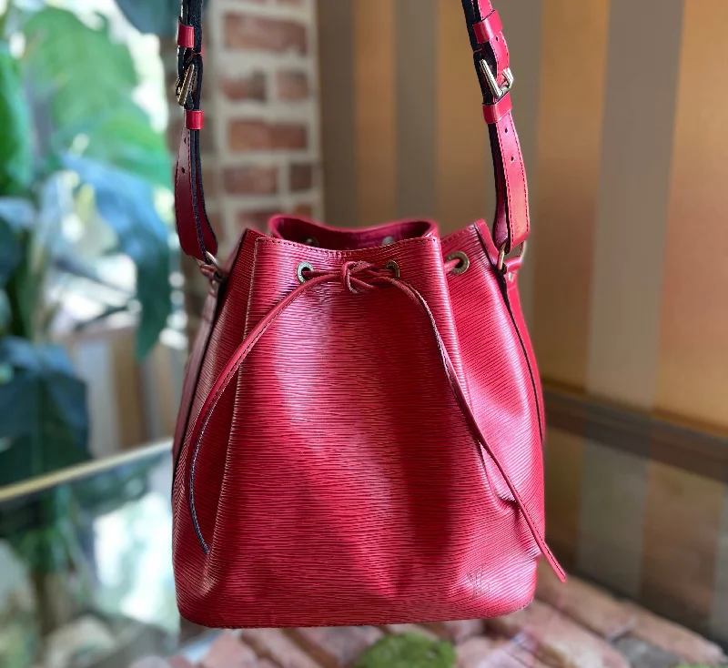 Women's bucket bag comfortable carry -LOUIS VUITTON Petit Noe Epi Castillan Red Bucket Bag