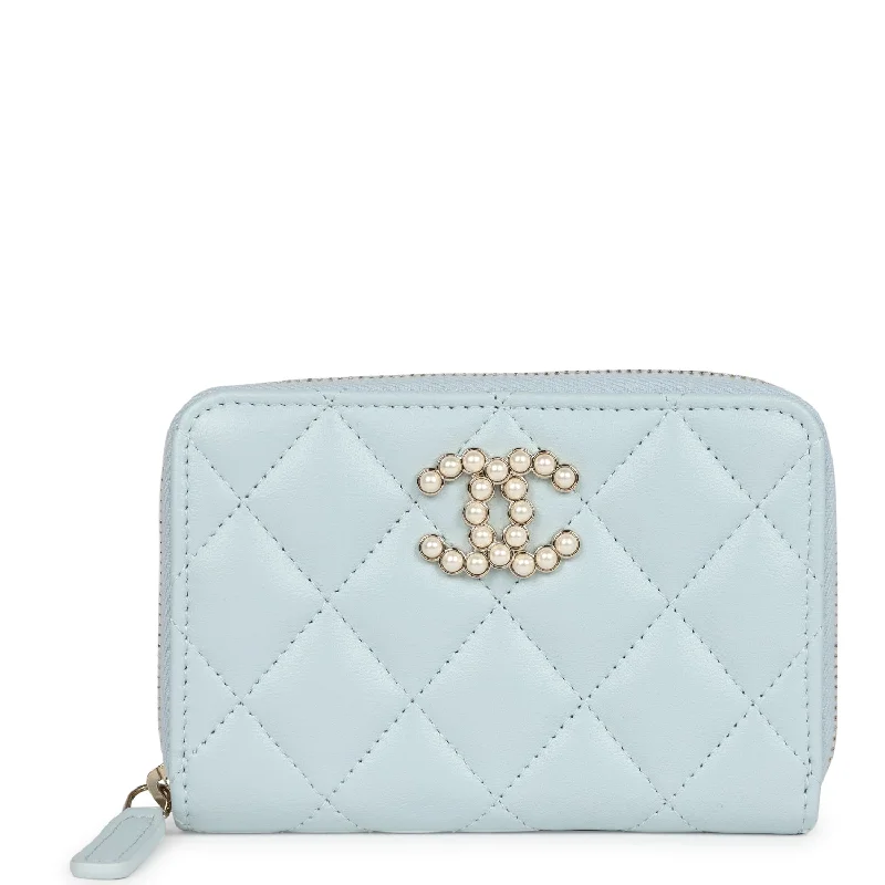 Women's wallet standout pattern -Chanel Small Pearl Classic Zipped Coin Purse Wallet Light Blue Lambskin Light Gold Hardware