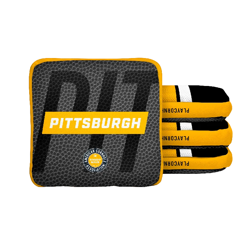 Women's bucket bag size options -Pittsburgh Football Gameday Stripes Synergy Edge Cornhole Bags