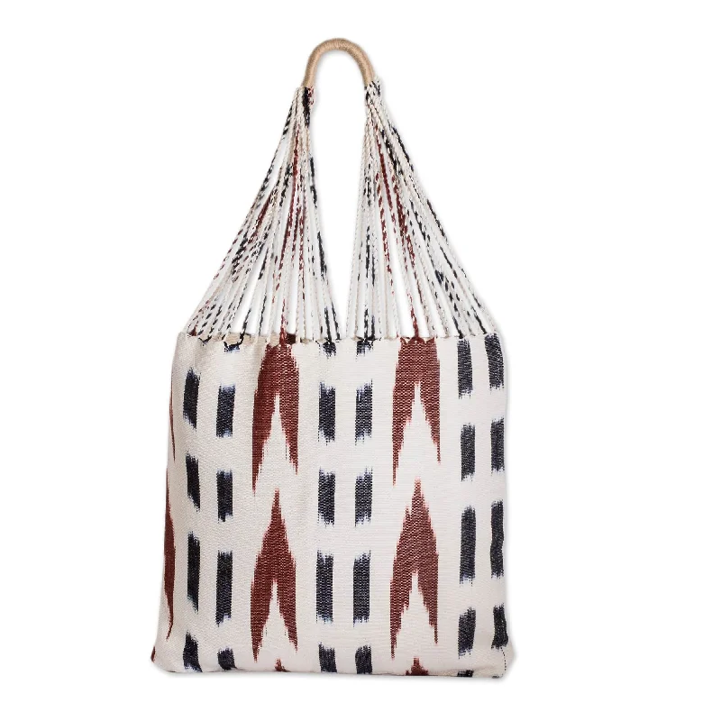 Women's tote bags everyday -Hand-Woven Patterned Cotton Tote Bag in Ivory Blue and Brown - Casual Look