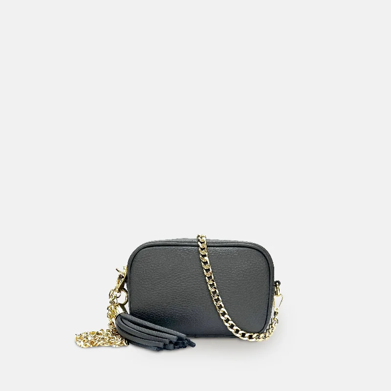 Women's crossbody bag squad pick -The Mini Tassel Dark Grey Leather Phone Bag With Gold Chain Crossbody Strap