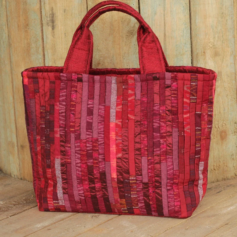 Women's tote bags high-end -Red Hill Tribe Silk Patterned Tote Bag with Inner Pockets - Exotic Red