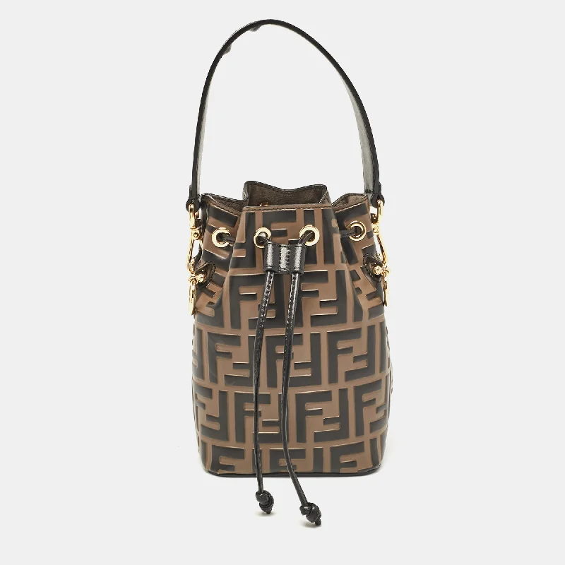 Women's bucket bag stylish ensemble -Fendi Brown/black Zucca Leather Mini Mon Tresor Drawstring Bucket Bag