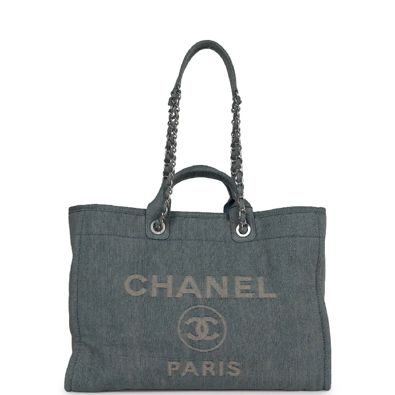 Women's tote bags lightweight-style -Chanel Large Deauville Shopping Tote Distressed Blue Denim Silver Hardware