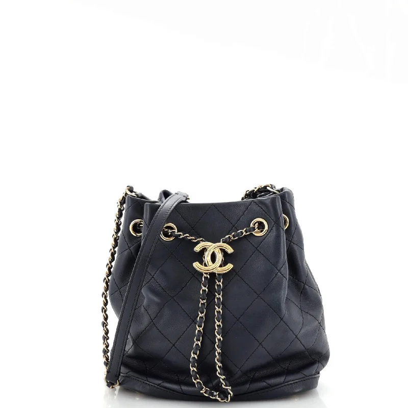 Women's bucket bag minimalist charm -CC Drawstring Bucket Bag Quilted Lambskin Small