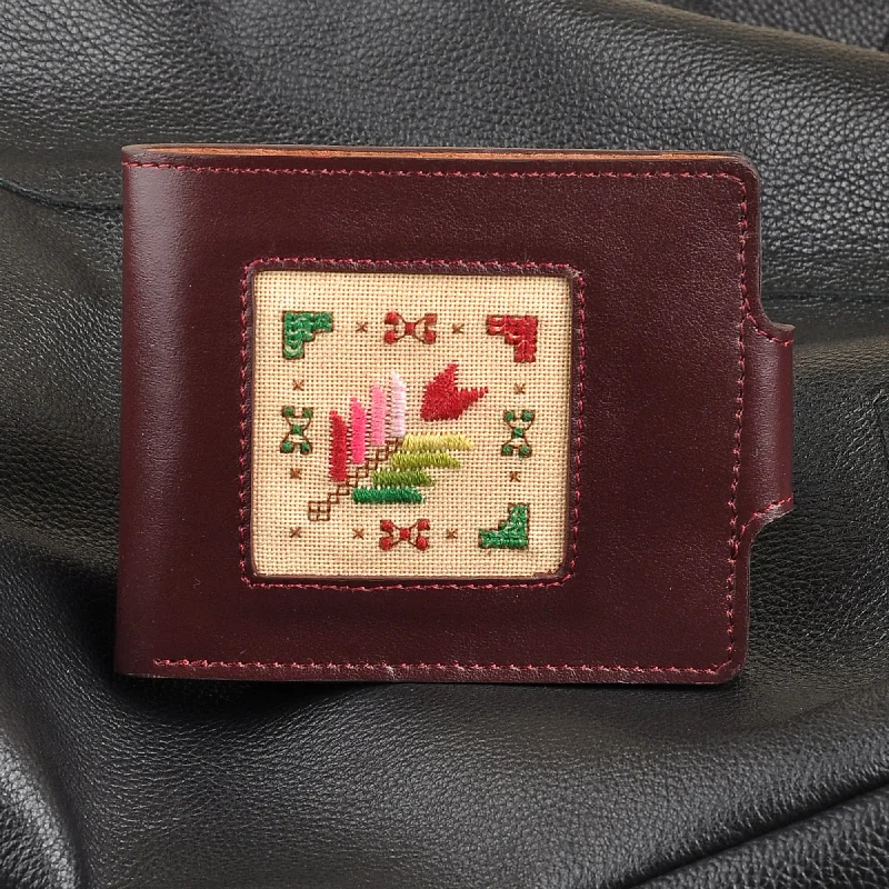 Women's wallet stylish accessory -Brown Leather Wallet with Floral Cross-Stitch Textile Accent - Frugal Tradition in Brown