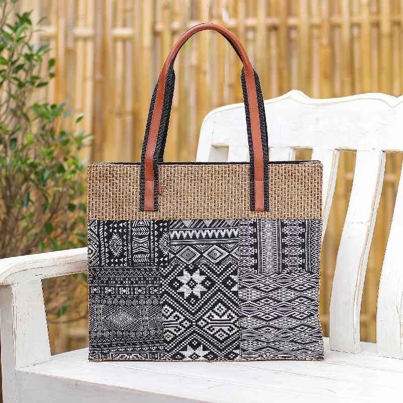 Women's tote bags medium -Leather-Accented Patchwork Tote Bag - Chill Night in Black