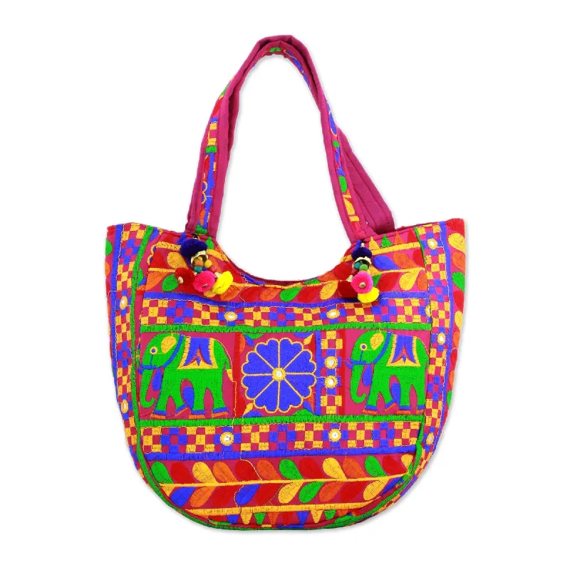 Women's tote bags solid-color -Multicolored Embroidered Tote Handbag - Elephant Flower in Fuchsia