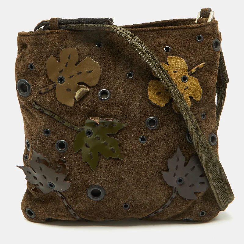 Women's crossbody bag fashion ensemble -Prada Olive Green Suede Vintage Romantic Leaves Crossbody Bag