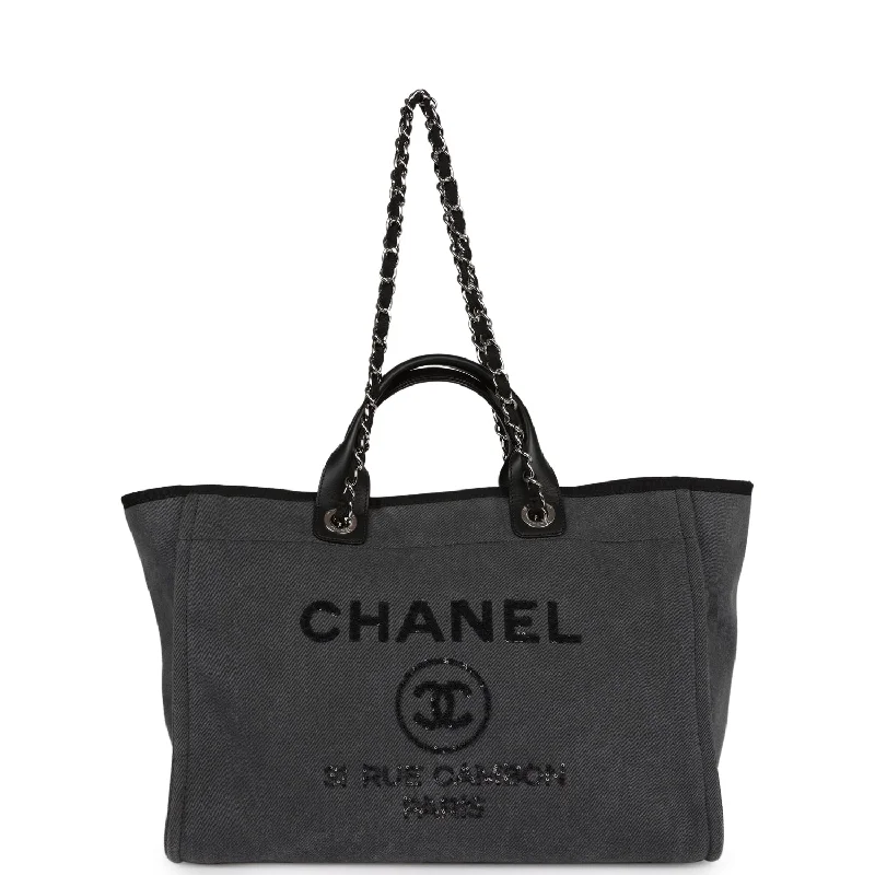 Women's tote bags beige-neutral -Chanel Medium Deauville Shopping Tote Dark Grey Denim Silver Hardware