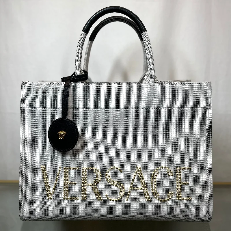 Women's tote bags retro -VERSACE Studded Large Gray & Black Tote TS3715