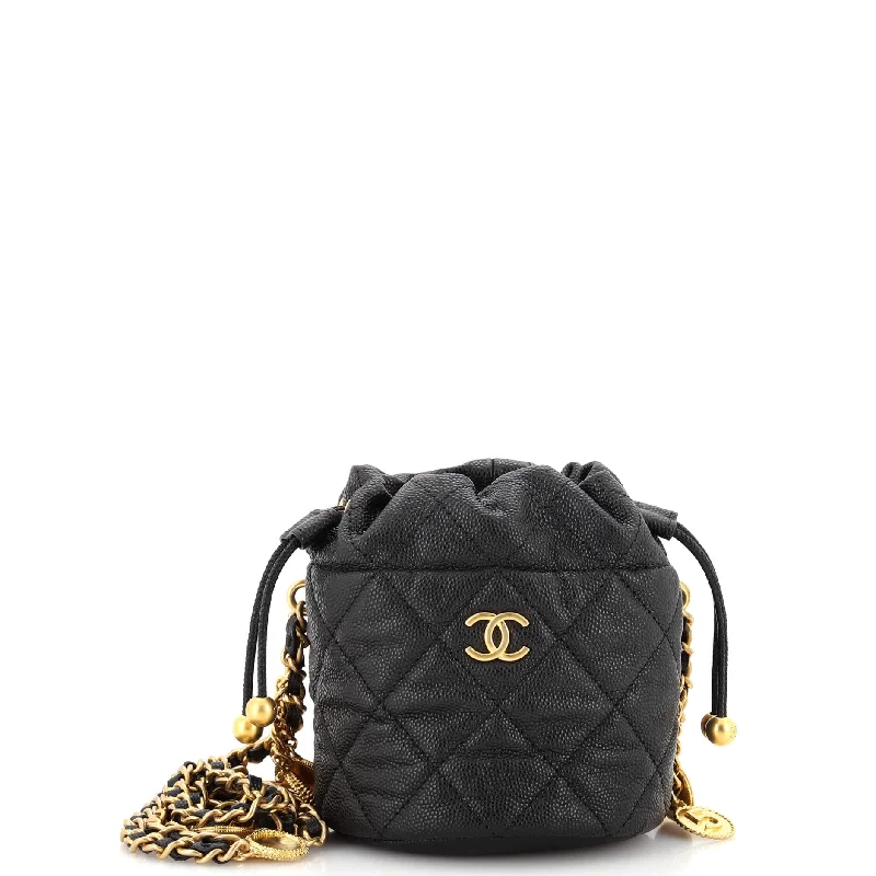 Women's bucket bag travel companion -Medallion Charms Drawstring Bucket Bag Quilted Caviar Mini