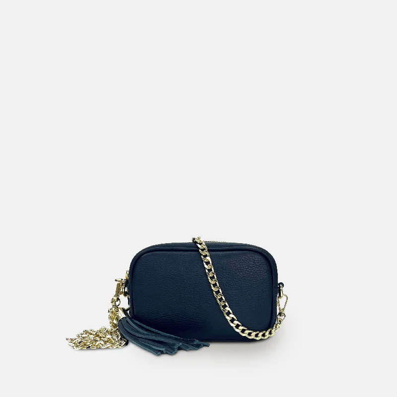 Women's crossbody bag minimalist look -The Mini Tassel Navy Leather Phone Bag With Gold Chain Crossbody Strap