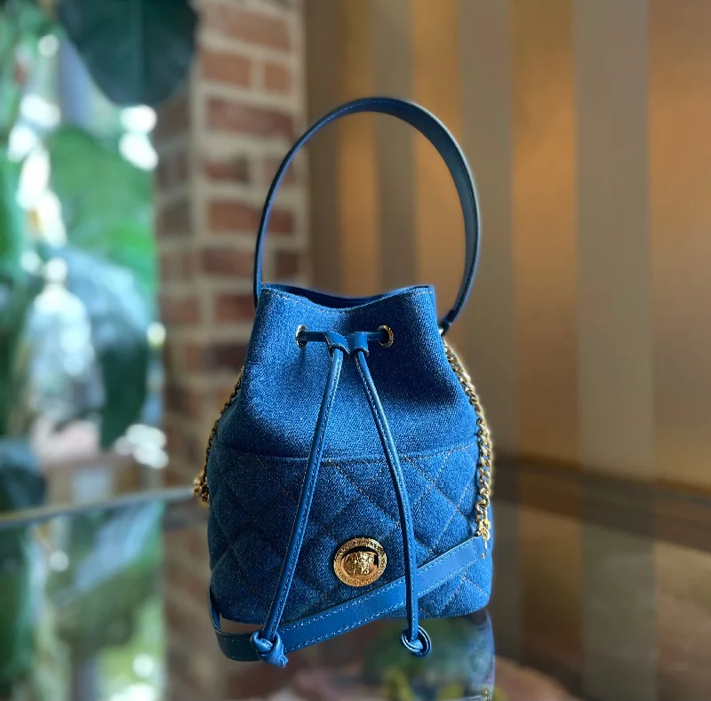 Women's bucket bag weather-proof fabric -VERSACE La Medusa Denim Bucket Drawstring Bag TS3723