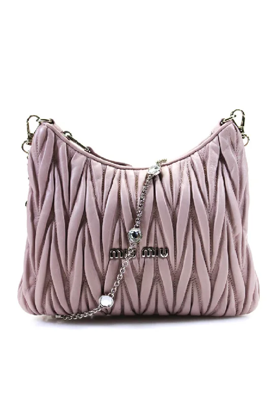 Women's crossbody bag fast-access bag -Miu Miu Womens Pleated Matelasse Chain Crossbody Handbag Light Pink Leather