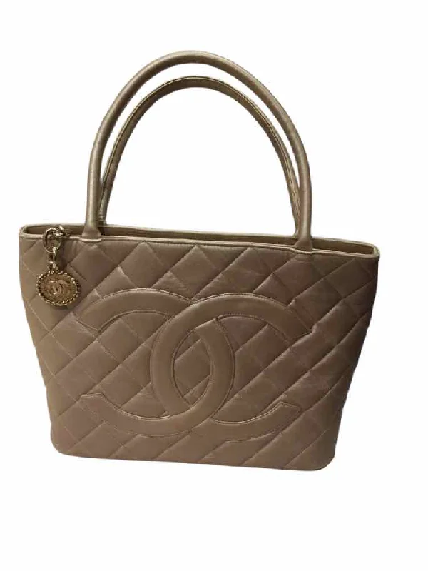 Women's tote bags studded-trend -Chanel Quilted Caviar Medallian Tote Beige Handbag