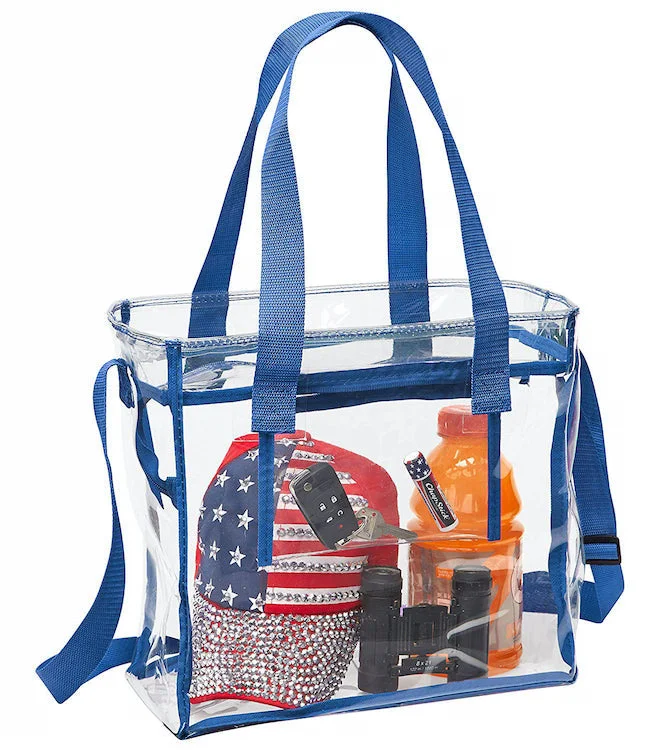 Women's tote bags embroidered-detail -Deluxe Clear 12 x 12 x 6 Cross-Body Stadium Tote Bag with Zipper Closure and Interior Pocket (CH-1212A-ROY) - Royal Blue Trim