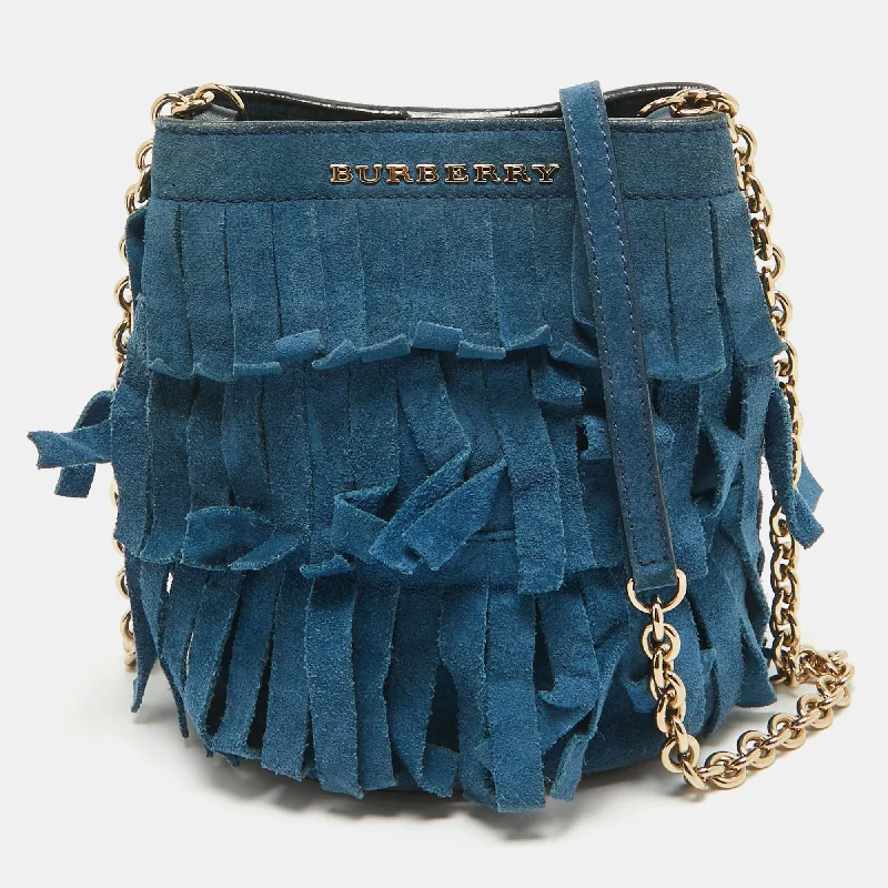 Women's bucket bag fashion collection -Burberry Blue Suede Mini Fringe Bucket Bag