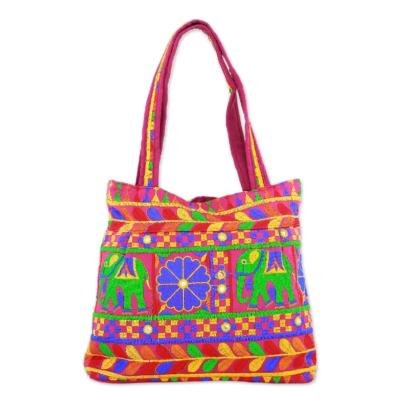 Women's tote bags floral -Tote Handbag with Floral and Elephant Motifs - Elephant Fantasies in Magenta