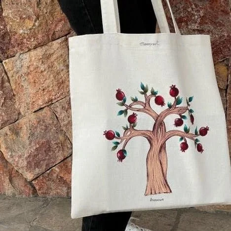 Women's tote bags urban -Hand-Painted Pomegranate Tree Cotton Tote Bag from Armenia - Nur of Life