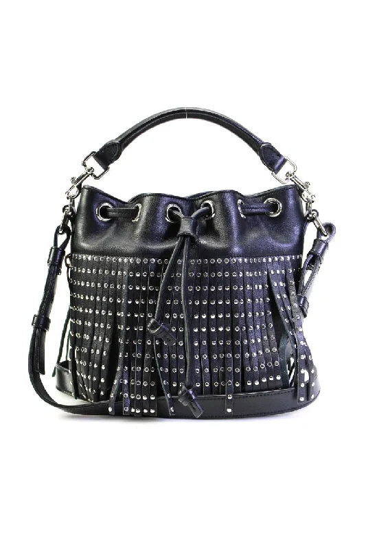 Women's bucket bag quick-draw offer -Saint Laurent Womens Emmanuel Small Studded Fringe Bucket Handbag Black Leather