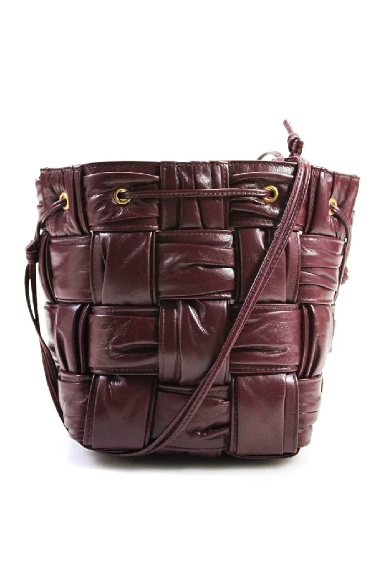 Women's bucket bag pro offer -Bottega Veneta Womens Small Cassette Intrecciato Bucket Bag Handbag Burgundy