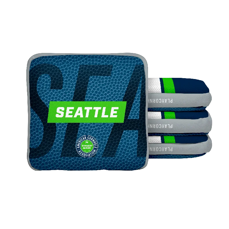 Women's bucket bag monogram detail -Seattle Football Gameday Stripes Synergy Edge Cornhole Bags