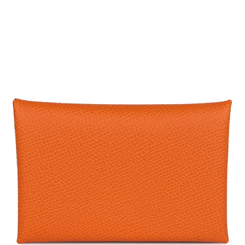 Women's wallet size variety -Hermes Calvi Card Holder Orange Epsom Palladium Hardware