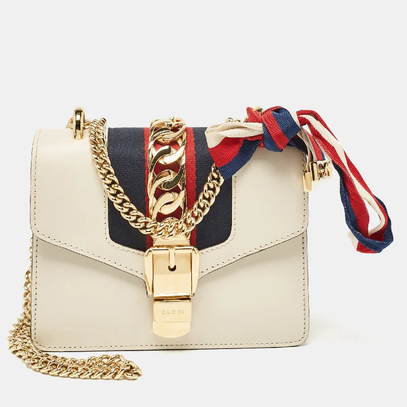 Women's crossbody bag affordable price -Gucci Off White Leather Mini Web Chain Sylvie Crossbody Bag