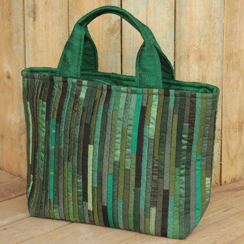 Women's tote bags inner-lining -Hand Woven Silk Hill Tribe Tote Bag in Green - Exotic Green