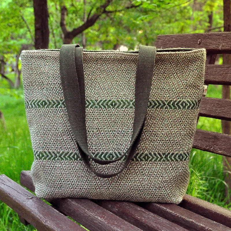 Women's tote bags preppy -Teal Beige and White Wool Tote Bag Hand-Woven in Armenia - Fashionable Flair