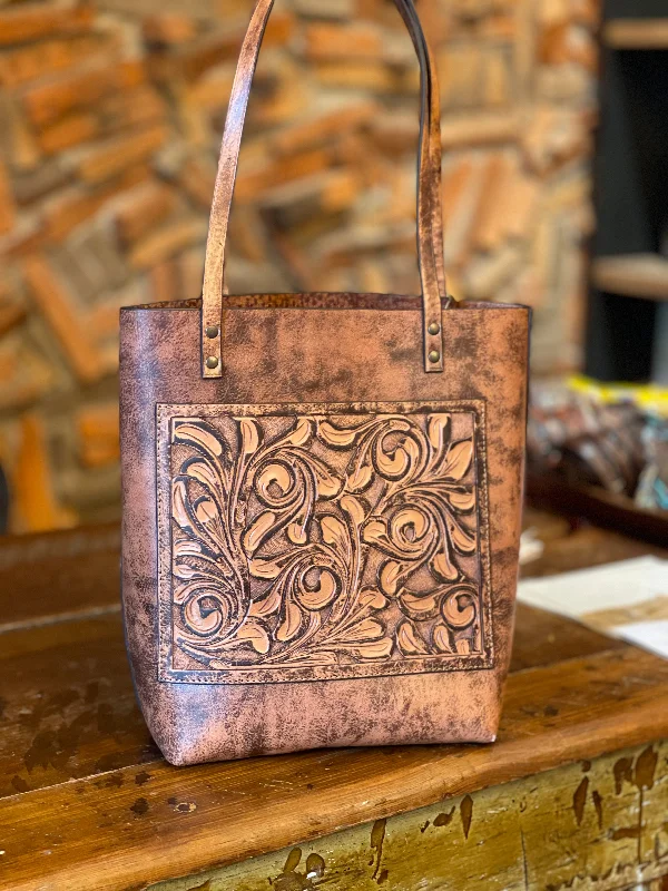 Women's tote bags red -Fine Hand-Tooled Leather Tote Bag "ELODIA", more colors