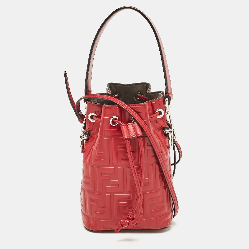 Women's bucket bag sport outfit -Fendi Red Zucca Leather Mini Mon Tresor Drawstring Bucket Bag