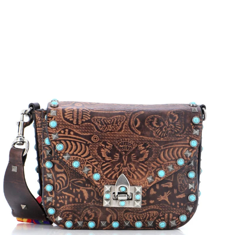 Women's crossbody bag fast-access kit -Rolling Rockstud Crossbody Bag Santeria Embossed Leather with Cabochons Small