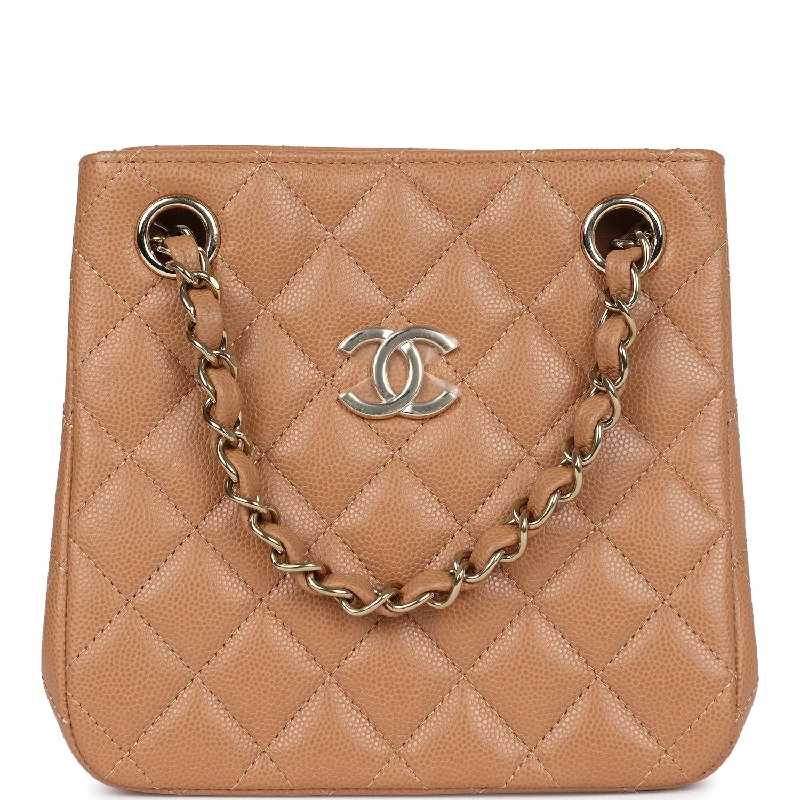 Women's tote bags fabric-trendy -Chanel Mini Shopping Tote Caramel Caviar Light Gold Hardware