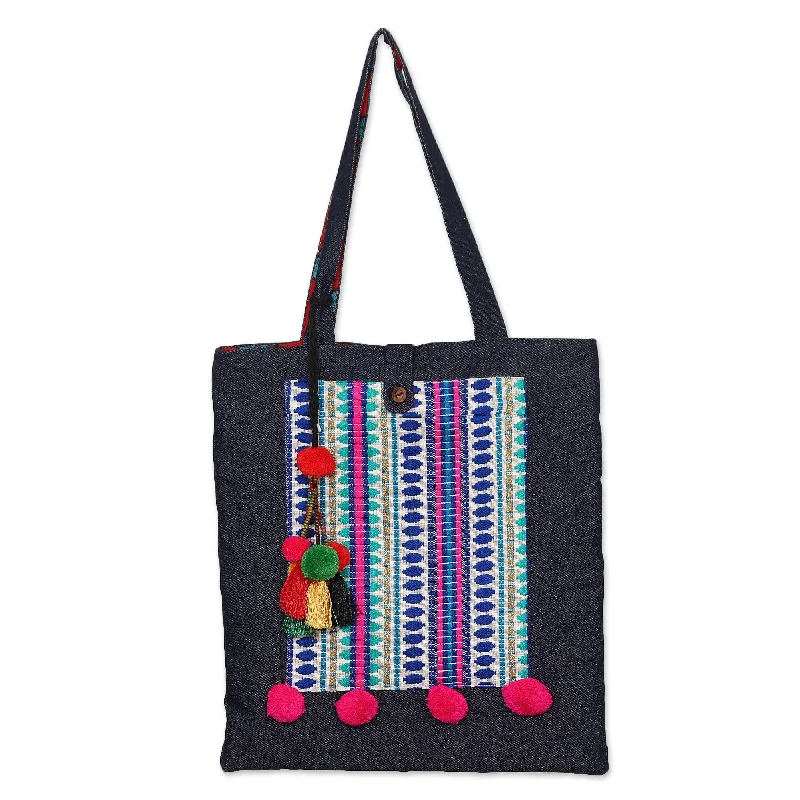 Women's tote bags vibrant -Embroidered Denim Tote Bag with Colorful Pompoms and Beads - Celebration Bouquet