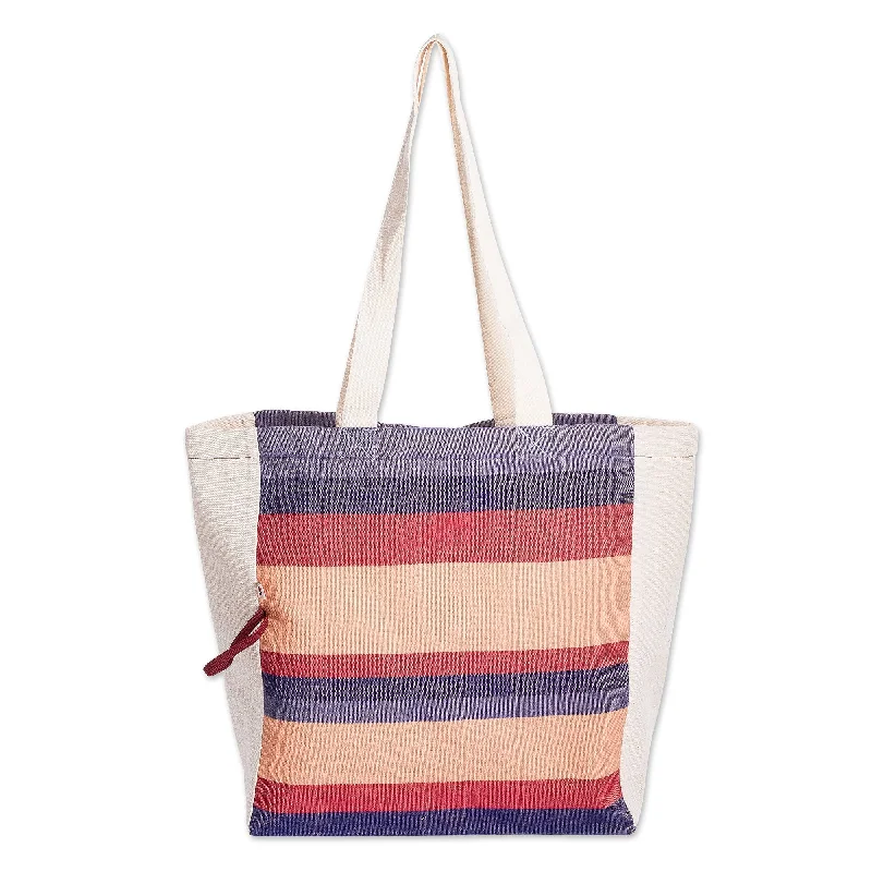 Women's tote bags budget -Striped Foldable Cotton Tote Bag Hand-Woven in Guatemala - Fiesta