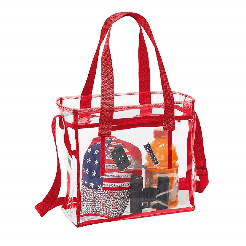 Women's tote bags quilted-texture -Deluxe Clear 12 x 12 x 6 Cross-Body Stadium Tote Bag with Zipper Closure and Interior Pocket (CH-1212A-RED) - Red Trim