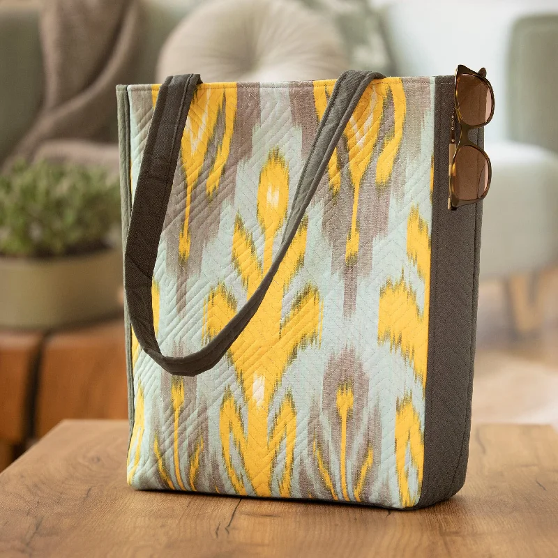 Women's tote bags magnetic -Grey Yellow & Light Blue Traditional Ikat Patterned Tote Bag - Joyfulness