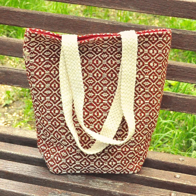 Women's tote bags vintage -Burgundy and White Wool Tote Bag Hand-Woven in Armenia - Lovely Burgundy