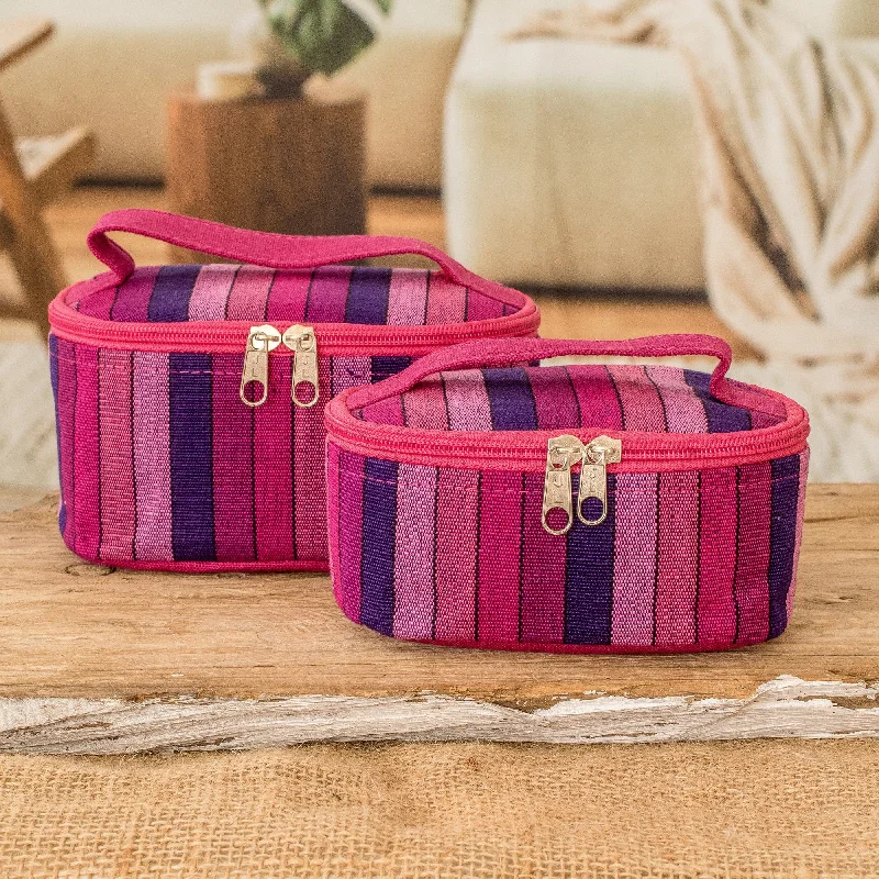 Women's bucket bag modern shape -Set of 2 Magenta and Purple Striped Cotton Cosmetic Bags - Magenta Styles