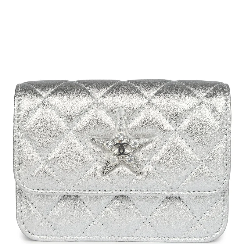 Women's wallet travel-ready -Chanel Crystal CC Walk Of Fame Clutch Wallet Silver Metallic Goatskin Silver Hardware