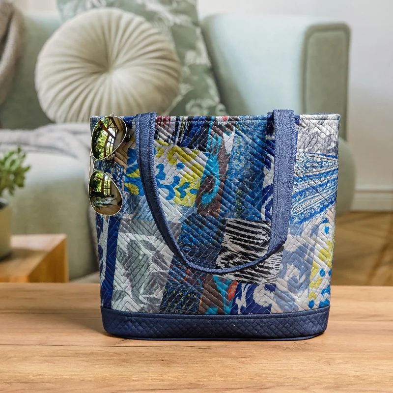 Women's tote bags fall -Blue-Toned Patchwork Ikat Tote Bag Crafted in Uzbekistan - Blue Traditions